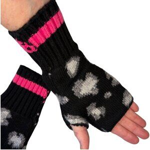 HAUTE SHORE Black Gray Pink Leopard Print Wool Blend Fingerless Mittens